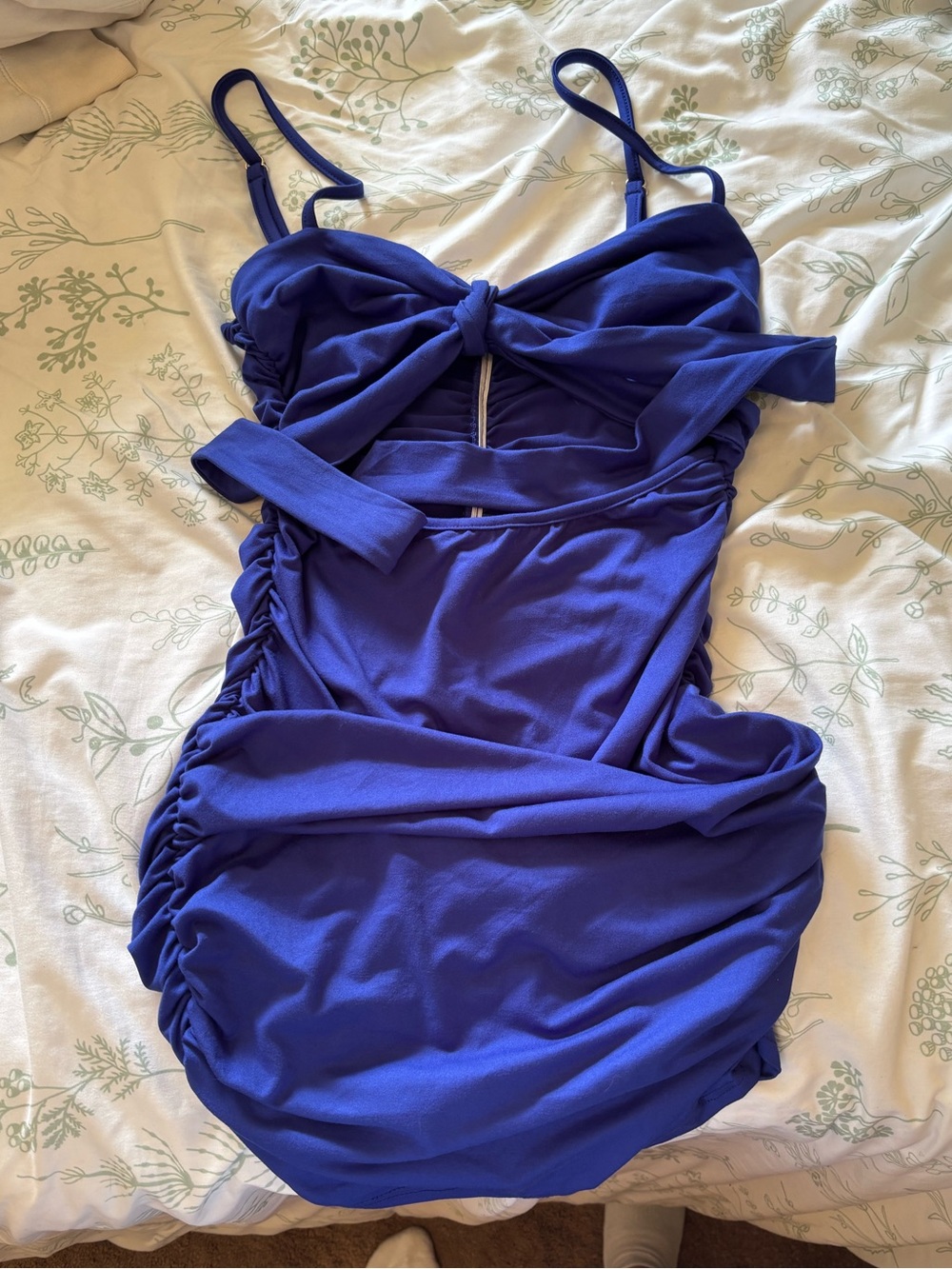 Blue Mini Dress with Knot Front and Ruched Sides